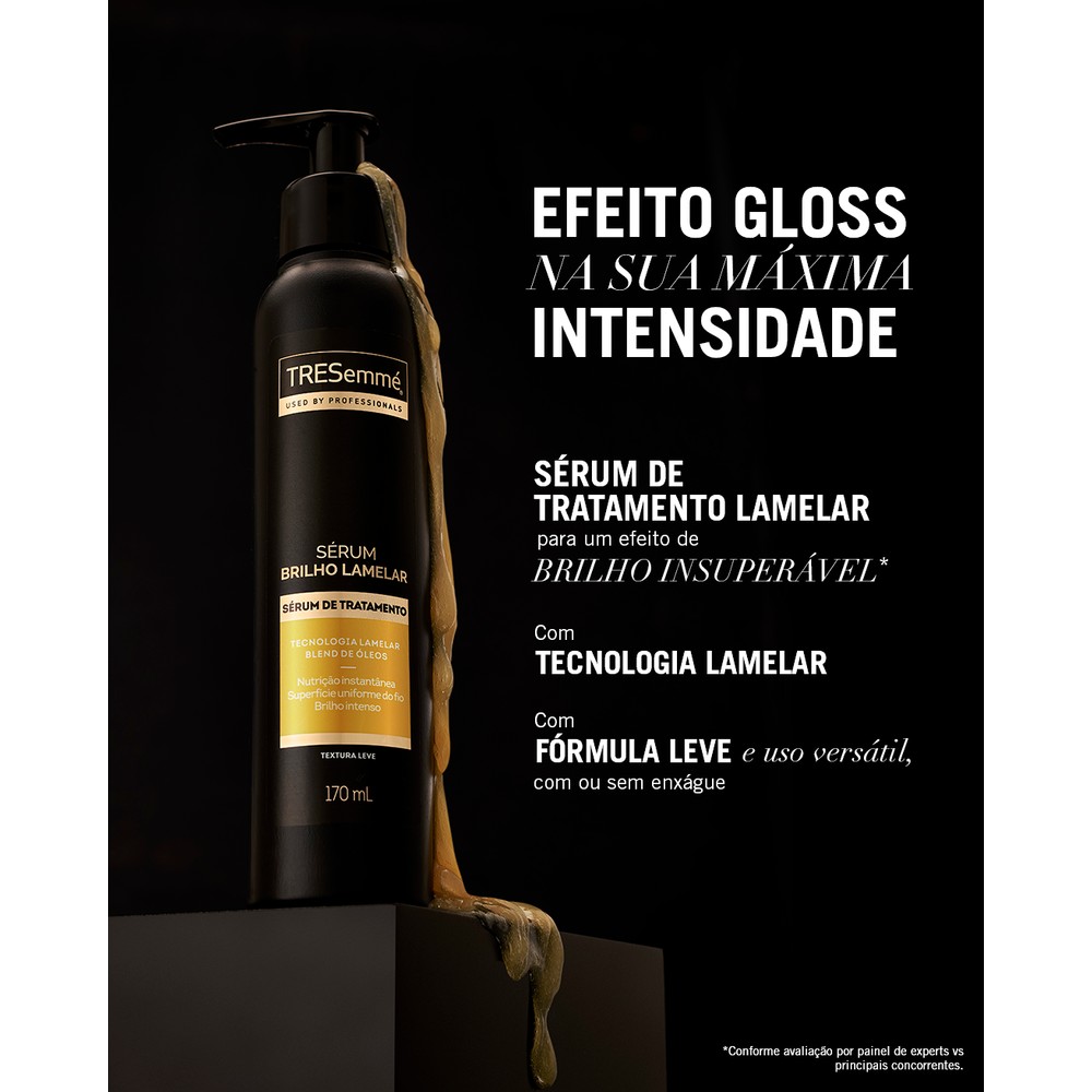 Sérum TRESemmé Brilho Lamelar em fundo preto destacando efeito gloss