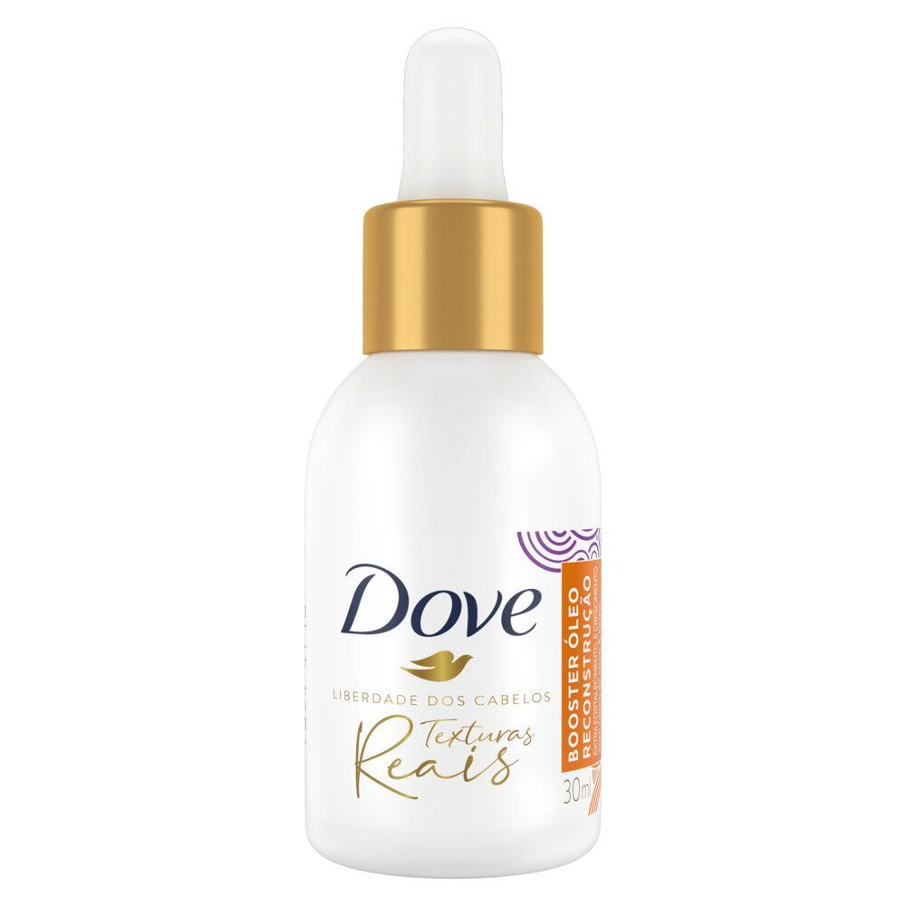 Frasco branco do Óleo Dove Booster Textura Reais Reconstrução 30ml com conta-gotas