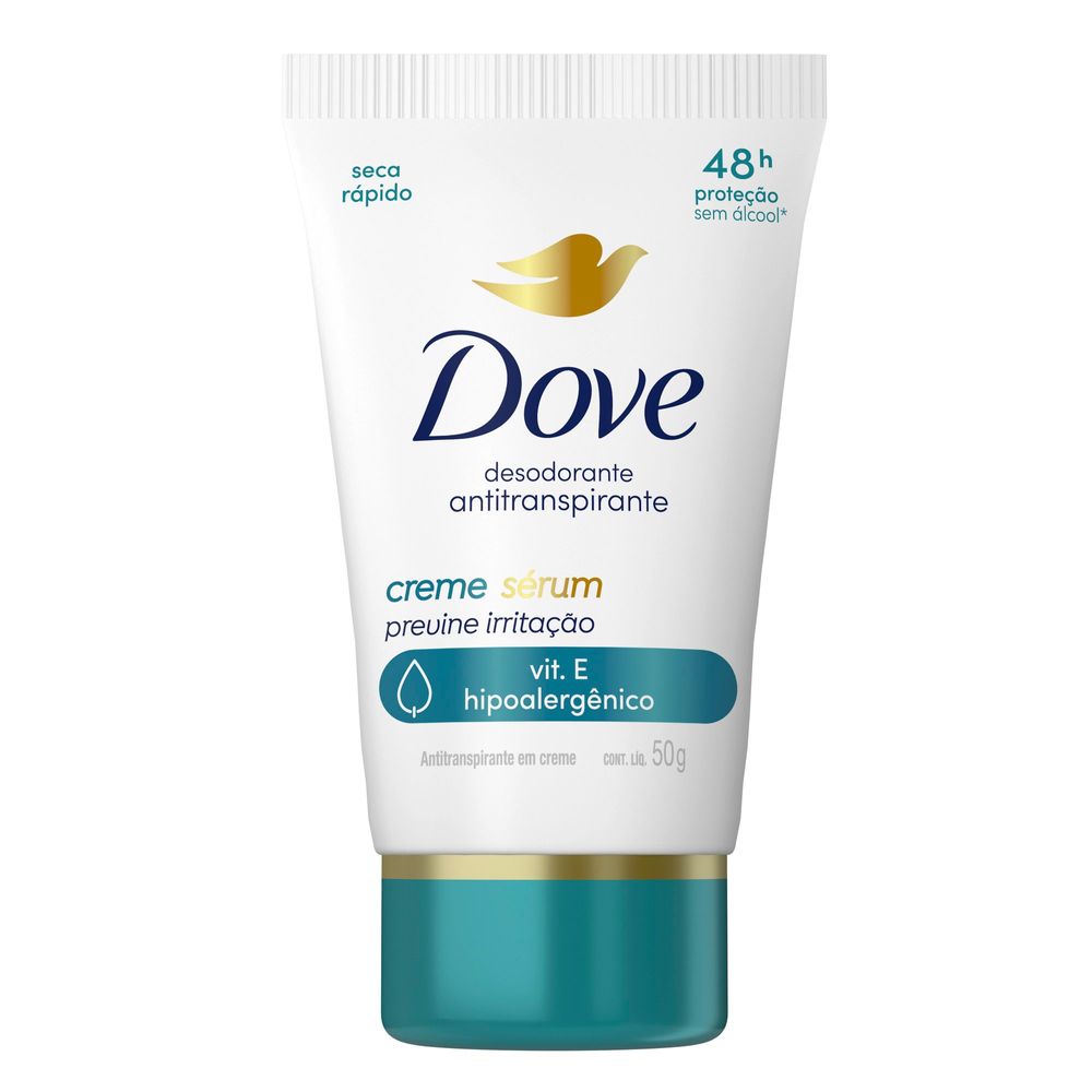 Frontal da embalagem do Desodorante Dove Creme Sérum 50g com destaques dos benefícios