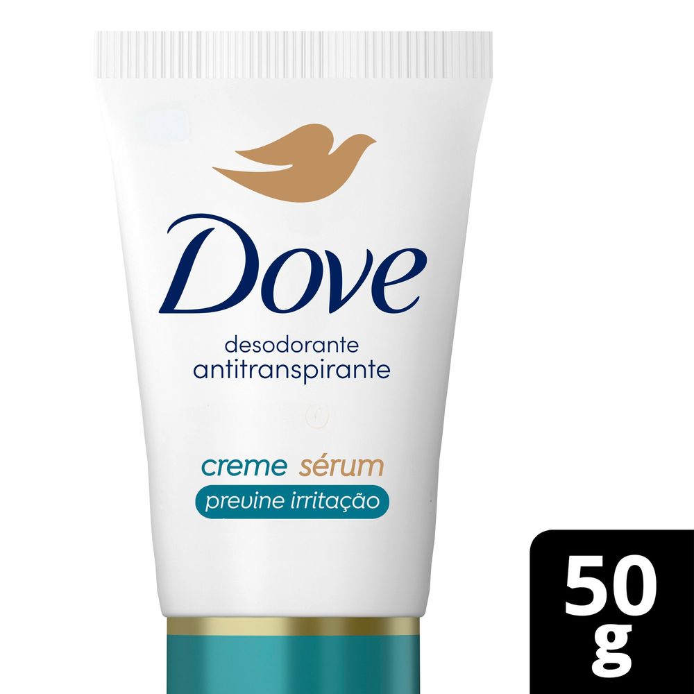 Desodorante Dove Creme Sérum Previne Irritação 50g - embalagem branca com tampa verde-azulada