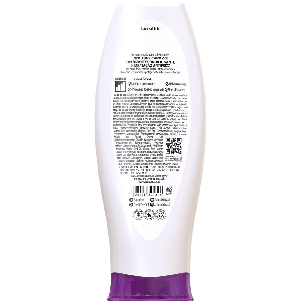 Parte traseira do frasco com informações e selo vegano do Defrizante Meu Liso Antifrizz 200ml