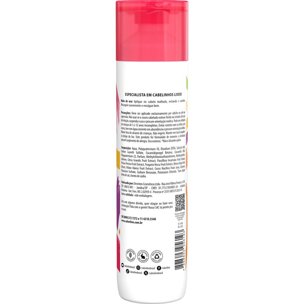 Parte traseira do shampoo com informações de composição e modo de uso