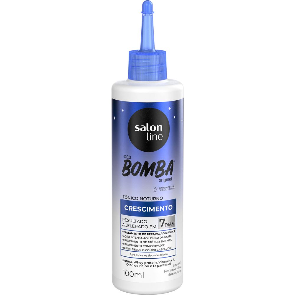 Tônico Salon Line SOS Bomba 100ml com rótulo azul - destaque dos ativos