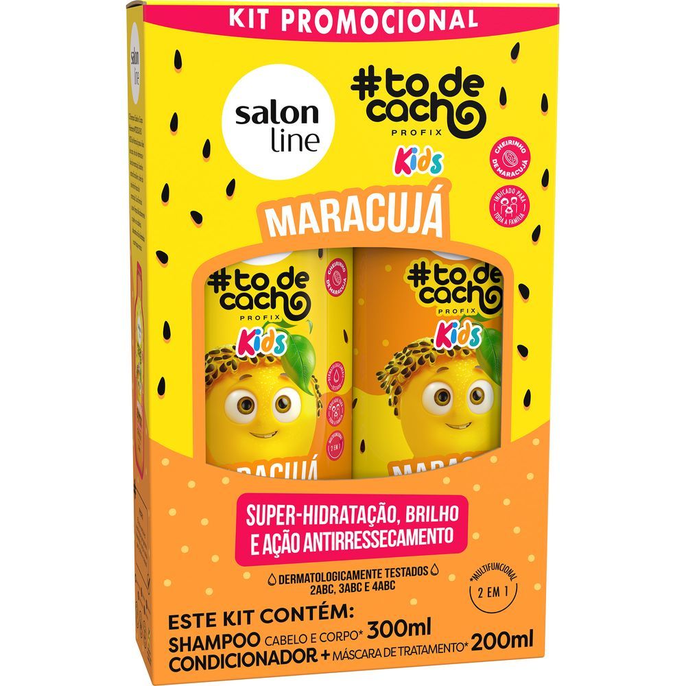 Frente da embalagem promocional do kit #todecacho Kids Maracujá