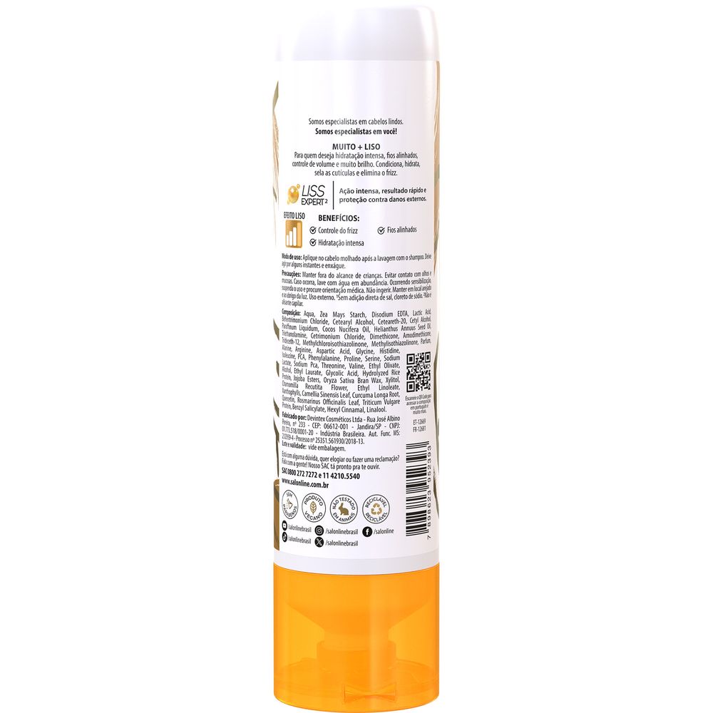 Parte traseira do produto com informações de uso, ingredientes e selos vegano e reciclável