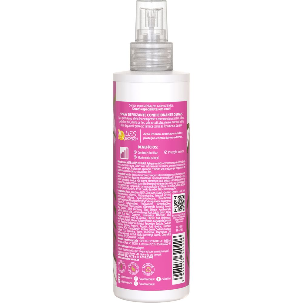 Verso do frasco do Spray Meu Liso Demais com informações e lista de ingredientes