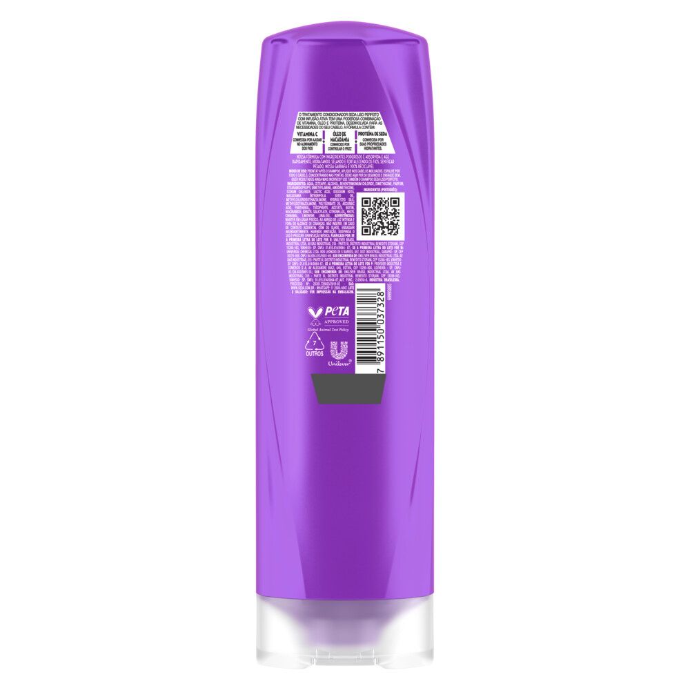 Verso do frasco do Condicionador Seda Liso Perfeito 325ml com informações e selo cruelty-free