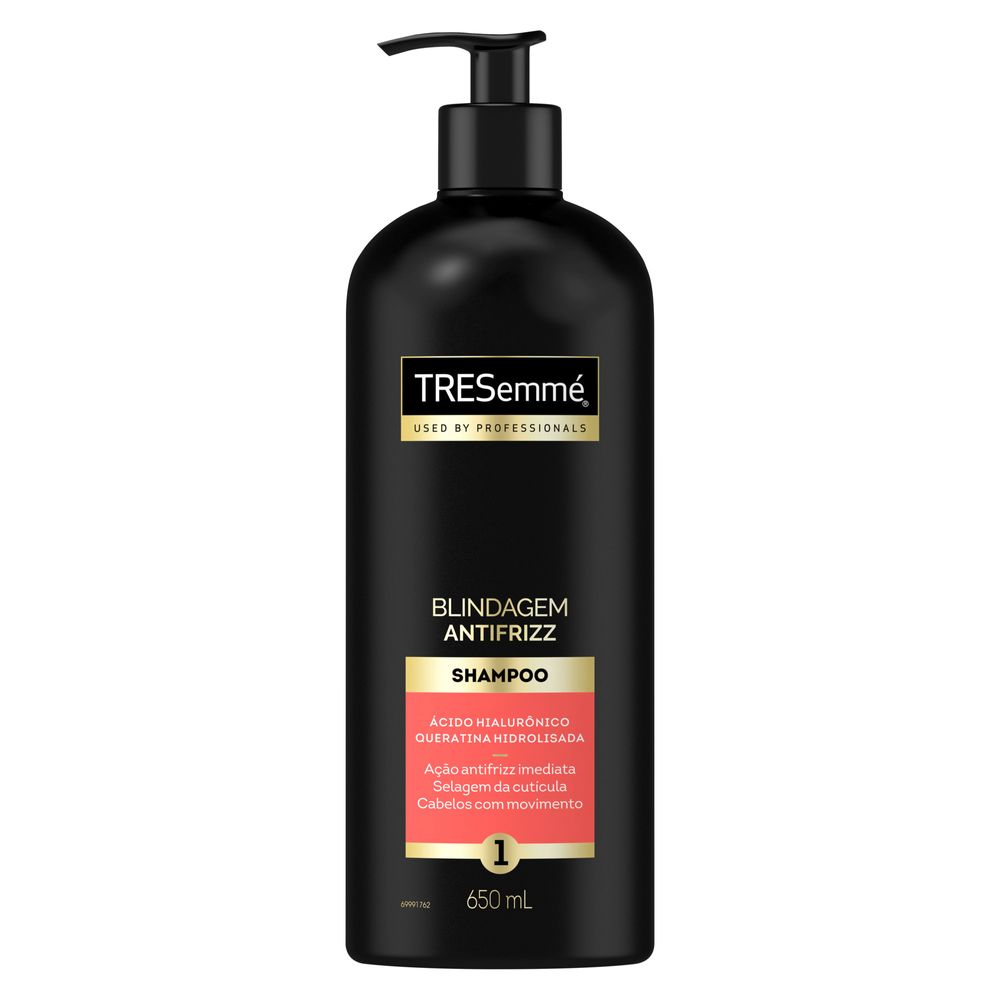 Frasco frontal do Shampoo TRESemmé Blindagem Antifrizz mostrando rótulo e volume