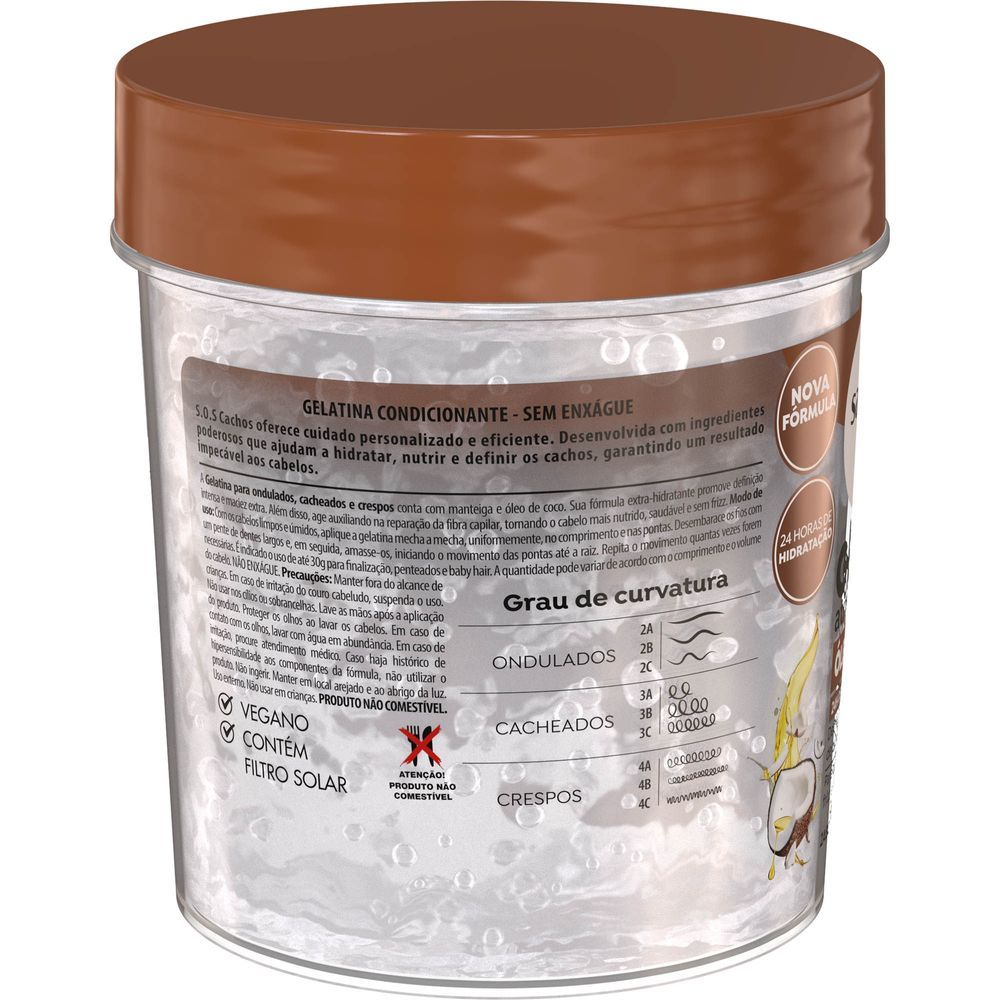 Detalhe do pote com informações da fórmula e lista de ingredientes da gelatina