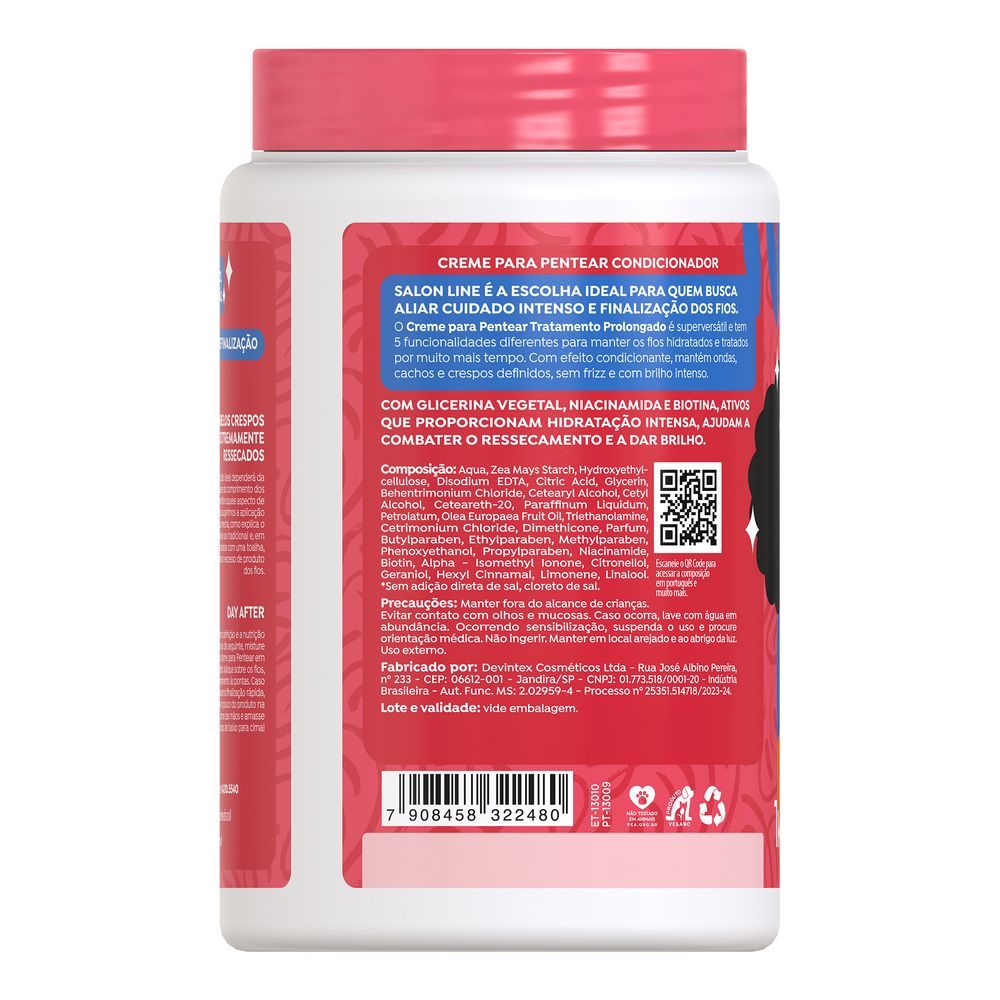 Pote do creme para pentear Salon Line com indicação de tipos de cabelo