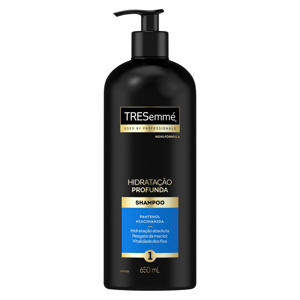 Shampoo TRESemmé Hidratação Profunda com destaque dos ingredientes e benefits