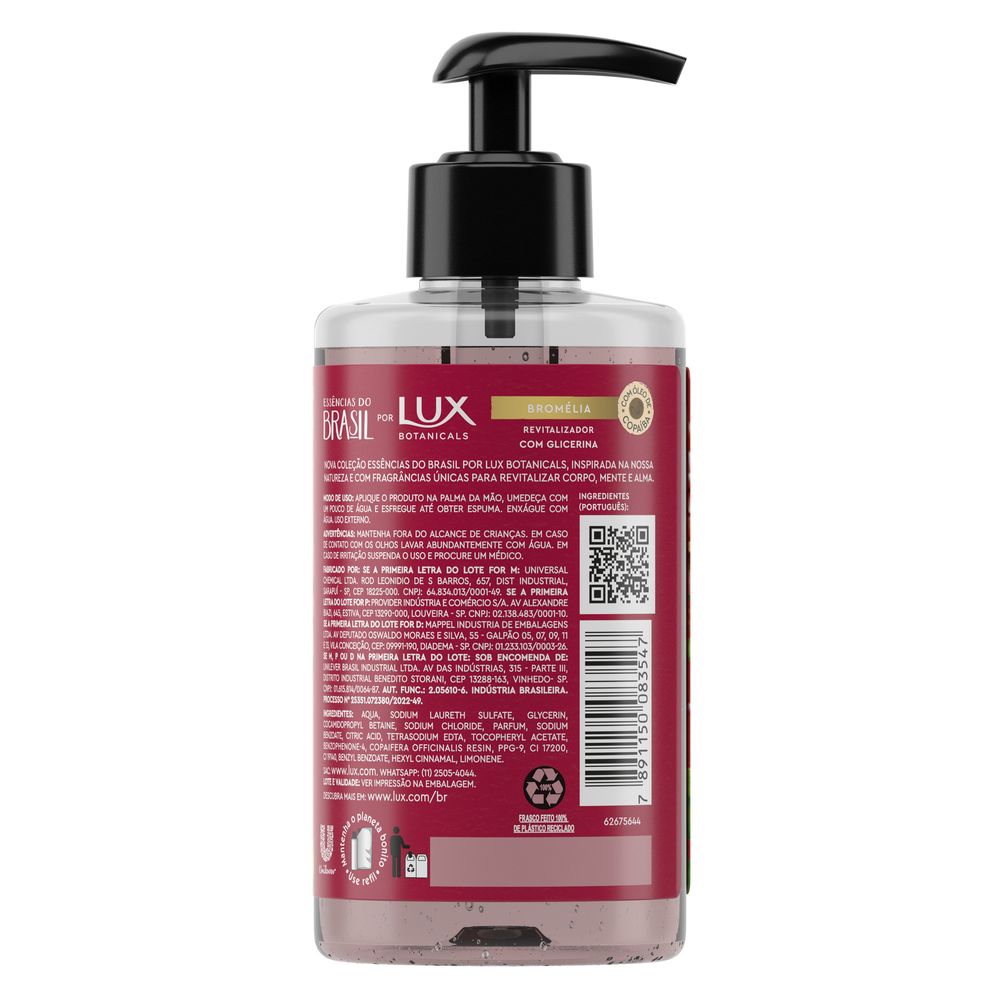 Lateral do frasco com informações de uso e ingredientes do sabonete Lux Bromélia