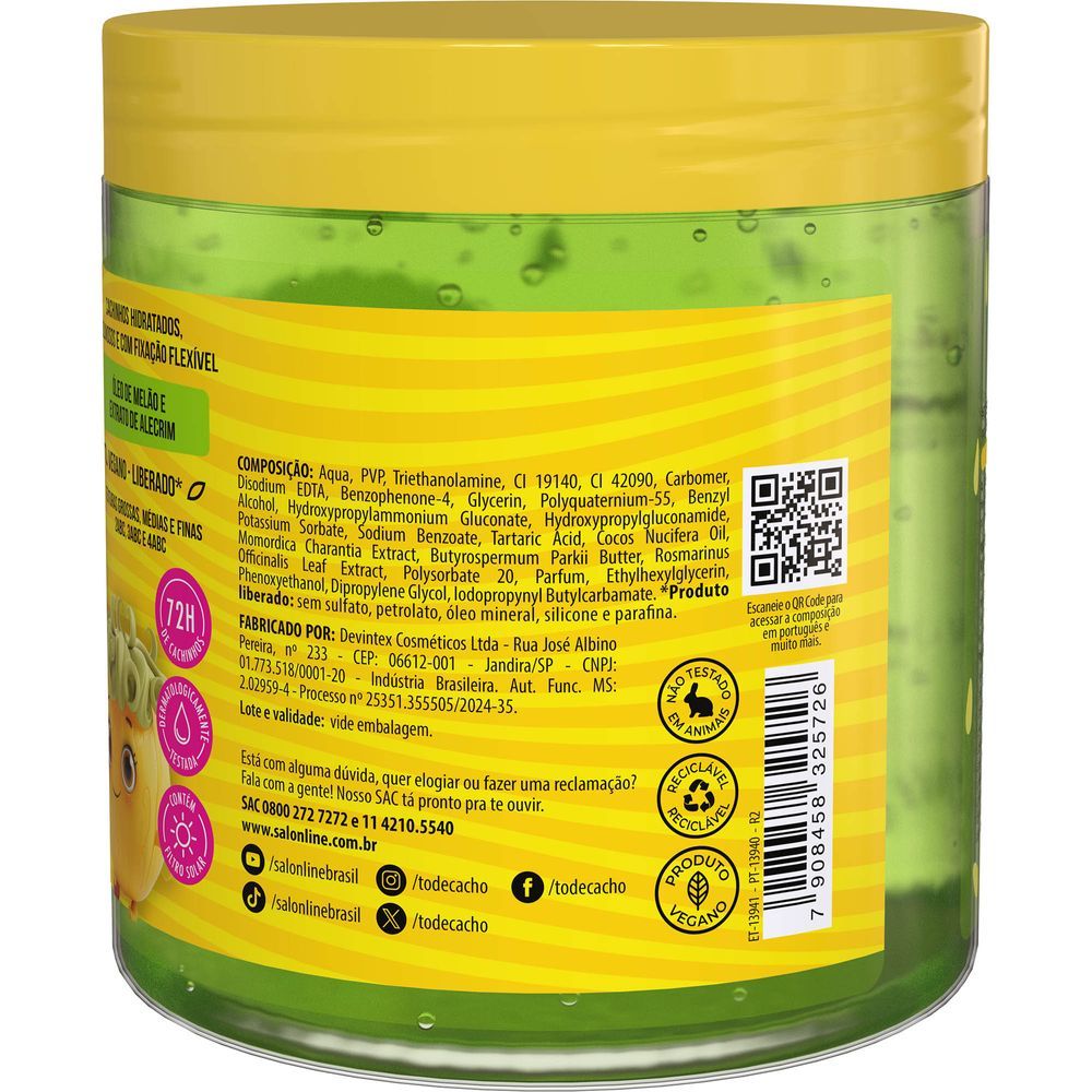 Lateral da embalagem com composição e informações da Gelatina Antifrizz Salon Line Kids Melão