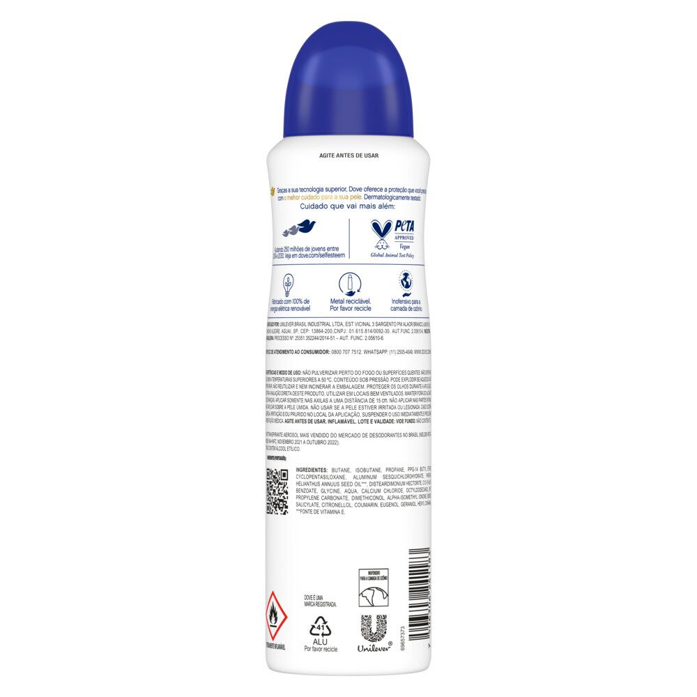 Verso do desodorante Dove com informações e ingredientes