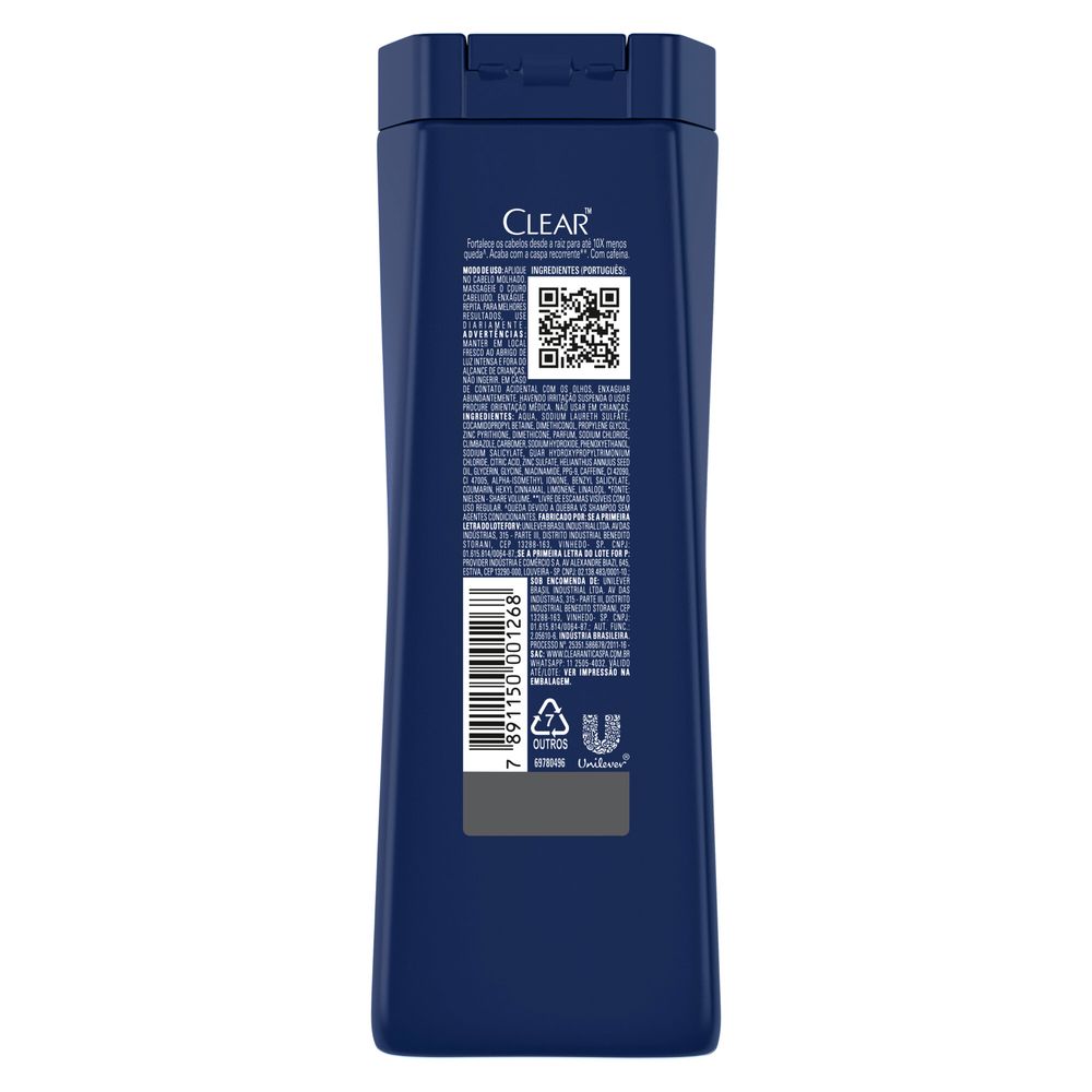Verso do shampoo Clear Men Anticaspa Queda Control 400ml com informações e ingredientes
