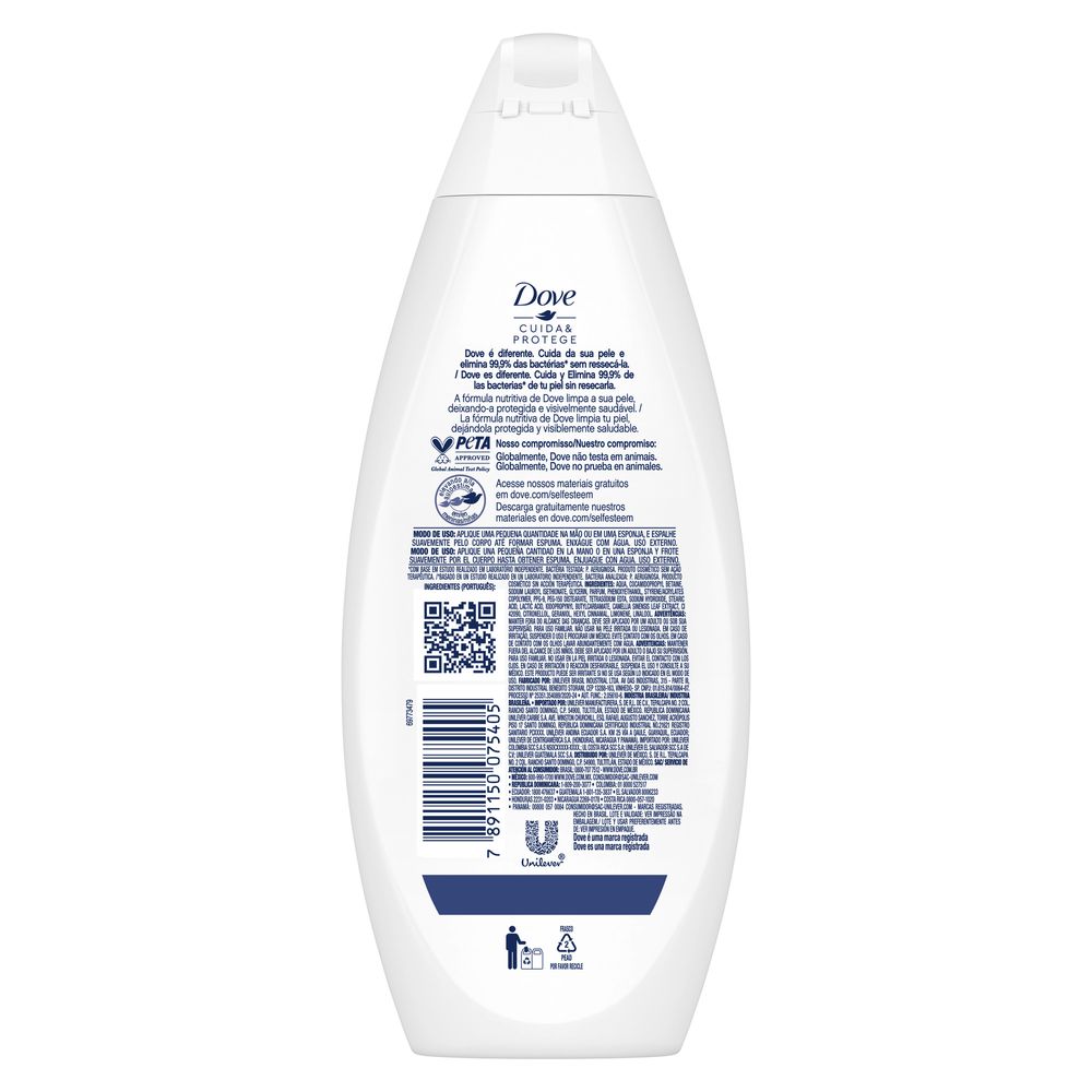 Verso da embalagem com modo de uso e composição do sabonete Dove Antibacteriano 250ml