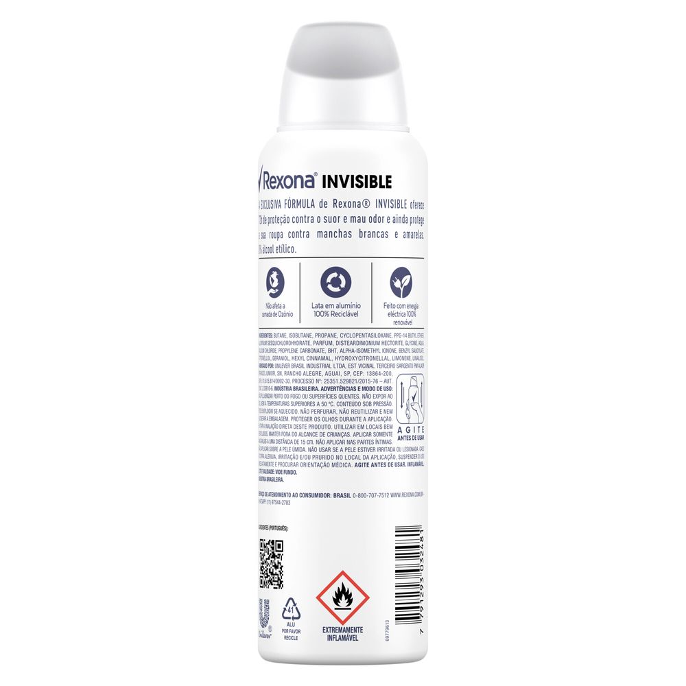 Parte traseira do desodorante aerosol Rexona com informações técnicas e ícones de sustentabilidade