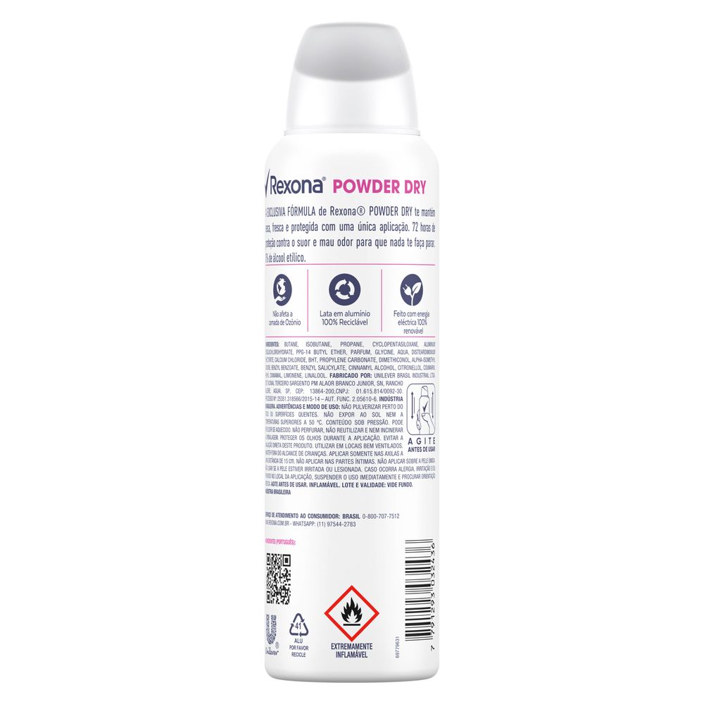 Verso do desodorante Rexona Powder Dry mostrando ingredientes, instruções e ícones de sustentabilidade