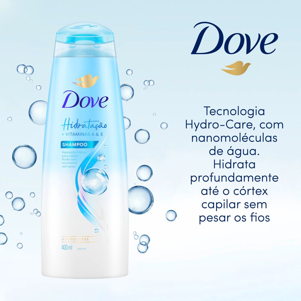 Shampoo Dove com gotas d'água destacando tecnologia Hydro-Care
