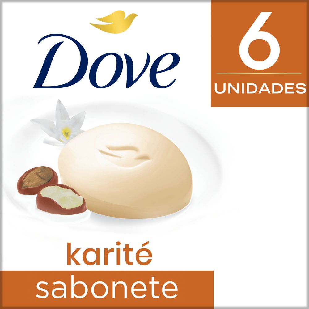 Embalagem do Kit Sabonete Dove Karité com 6 unidades, sabonete oval bege e sementes de karité