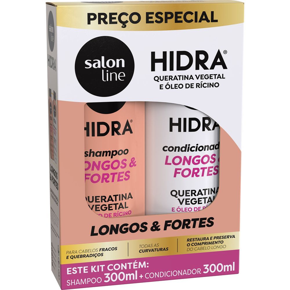 Frascos do kit Hidra Longos e Fortes com destaque para ingredientes e benefícios