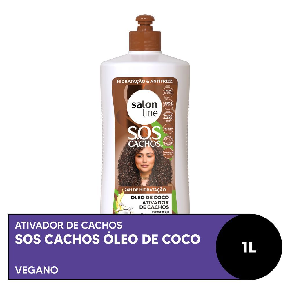 Ativador de Cachos Salon Line SOS Coco 1000ml frontal, rótulo com óleo de coco e indicação para cachos