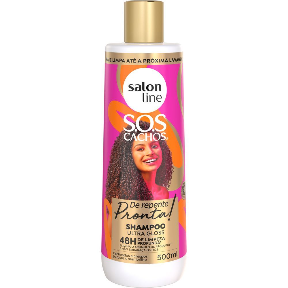 Frontal do shampoo S.O.S Cachos De Repente Pronta! Salon Line 500ml, embalagem rosa com detalhes dourados