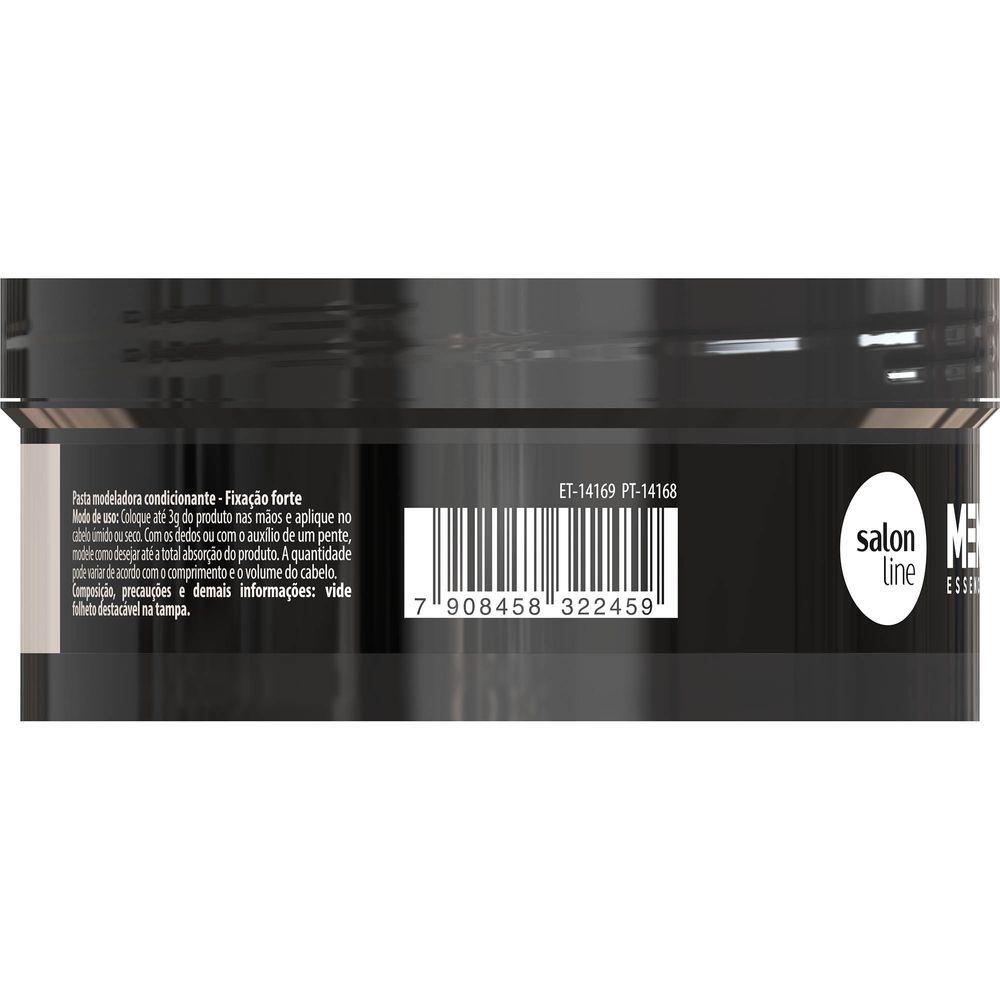 Lateral do pote com instruções de uso e composição da Pasta Modeladora Men Essence 60g