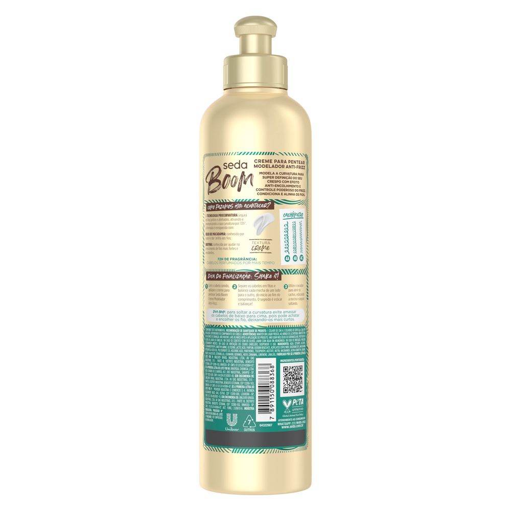 Verso do frasco com informações da fórmula e uso do Creme para Pentear Seda Boom