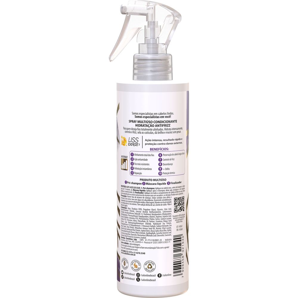 Lateral do Spray Meu Liso Antifrizz mostrando ingredientes e benefícios