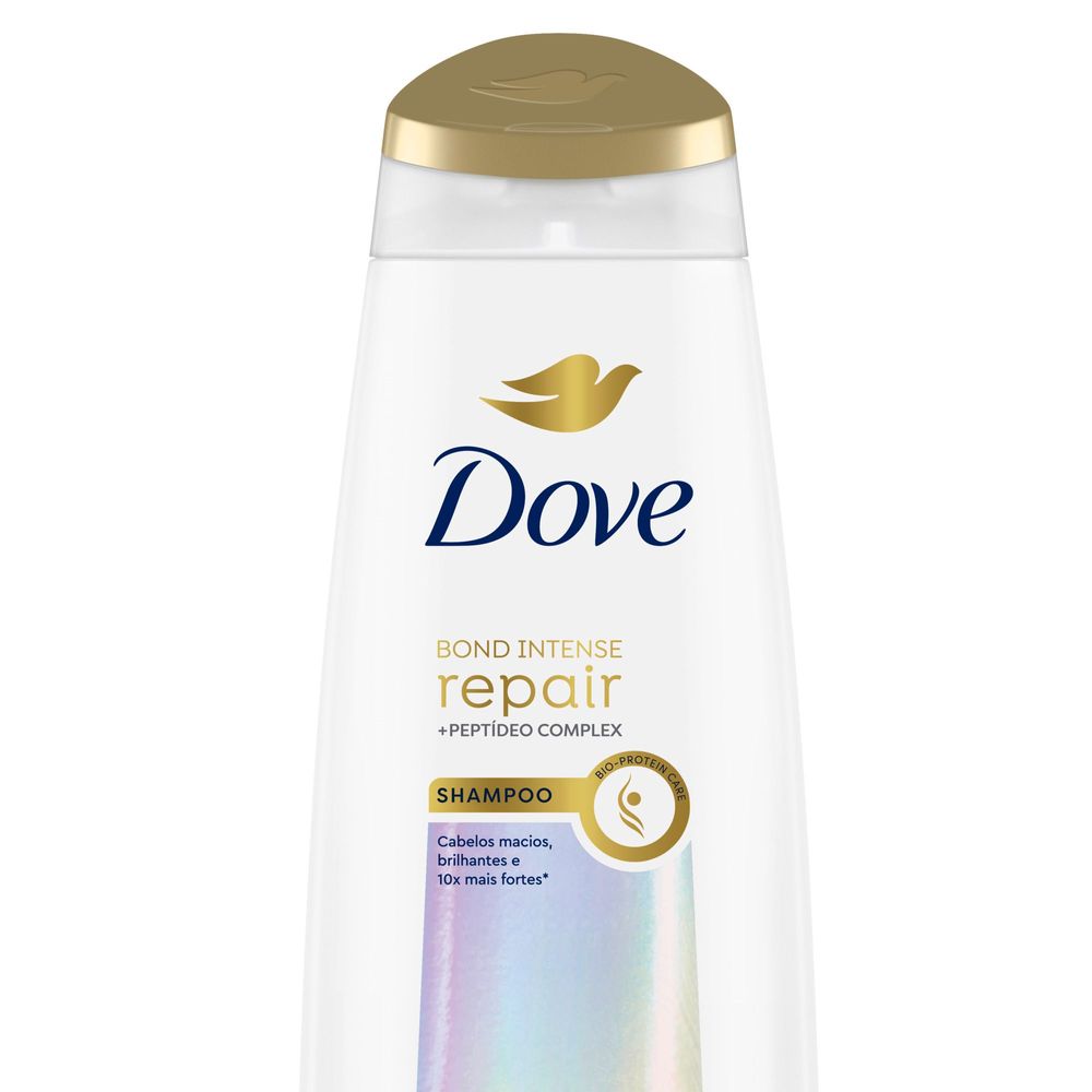Frontal do Shampoo Dove Bond Intense Repair 350ml em embalagem branca com tampa dourada