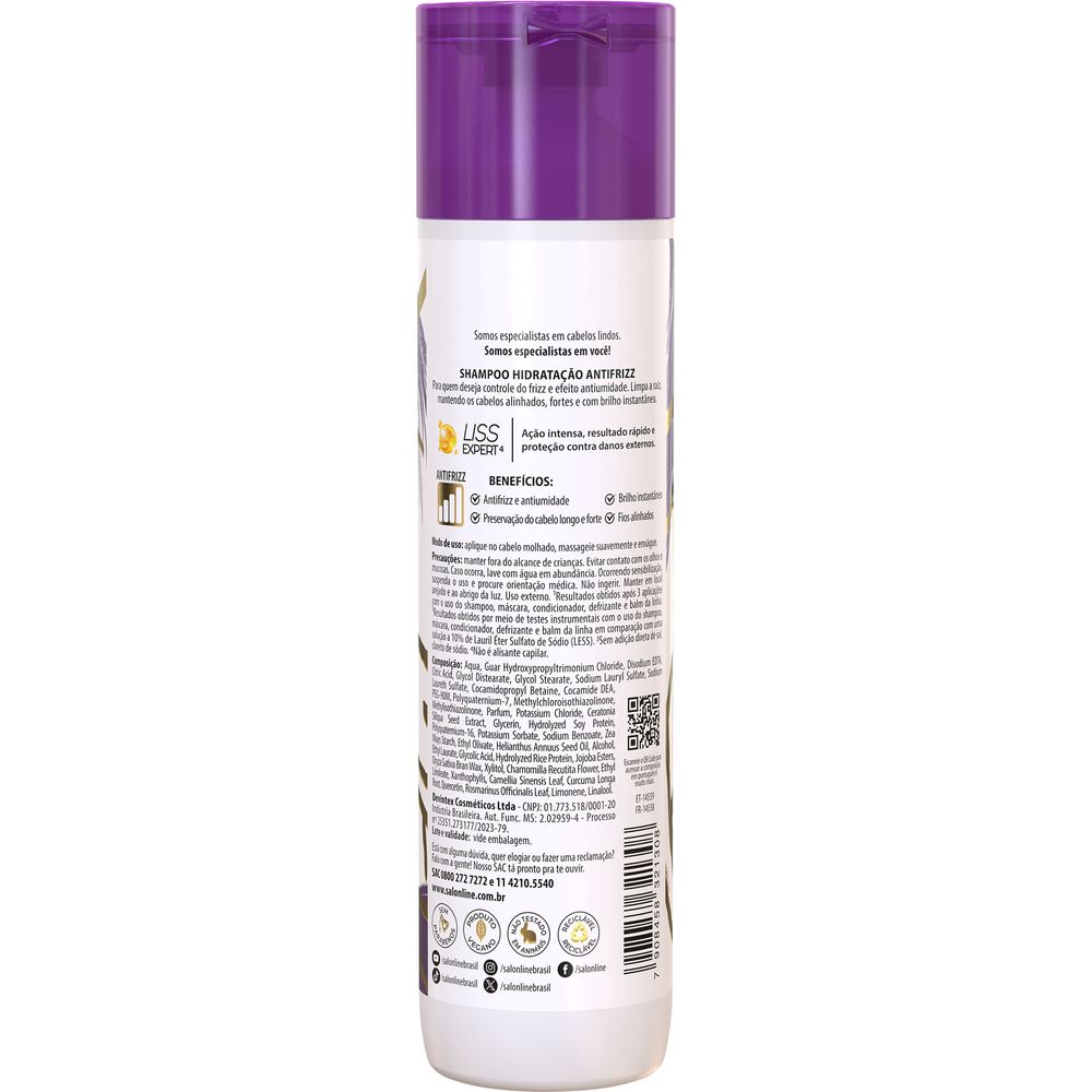 Lateral do frasco com instruções de uso e benefícios do Shampoo Meu Liso Antifrizz