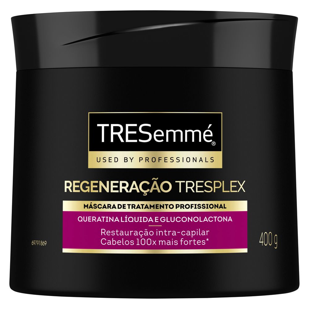 Máscara Tresemmé Tresplex Regeneração 400g destacando ingredientes ativos e benefícios