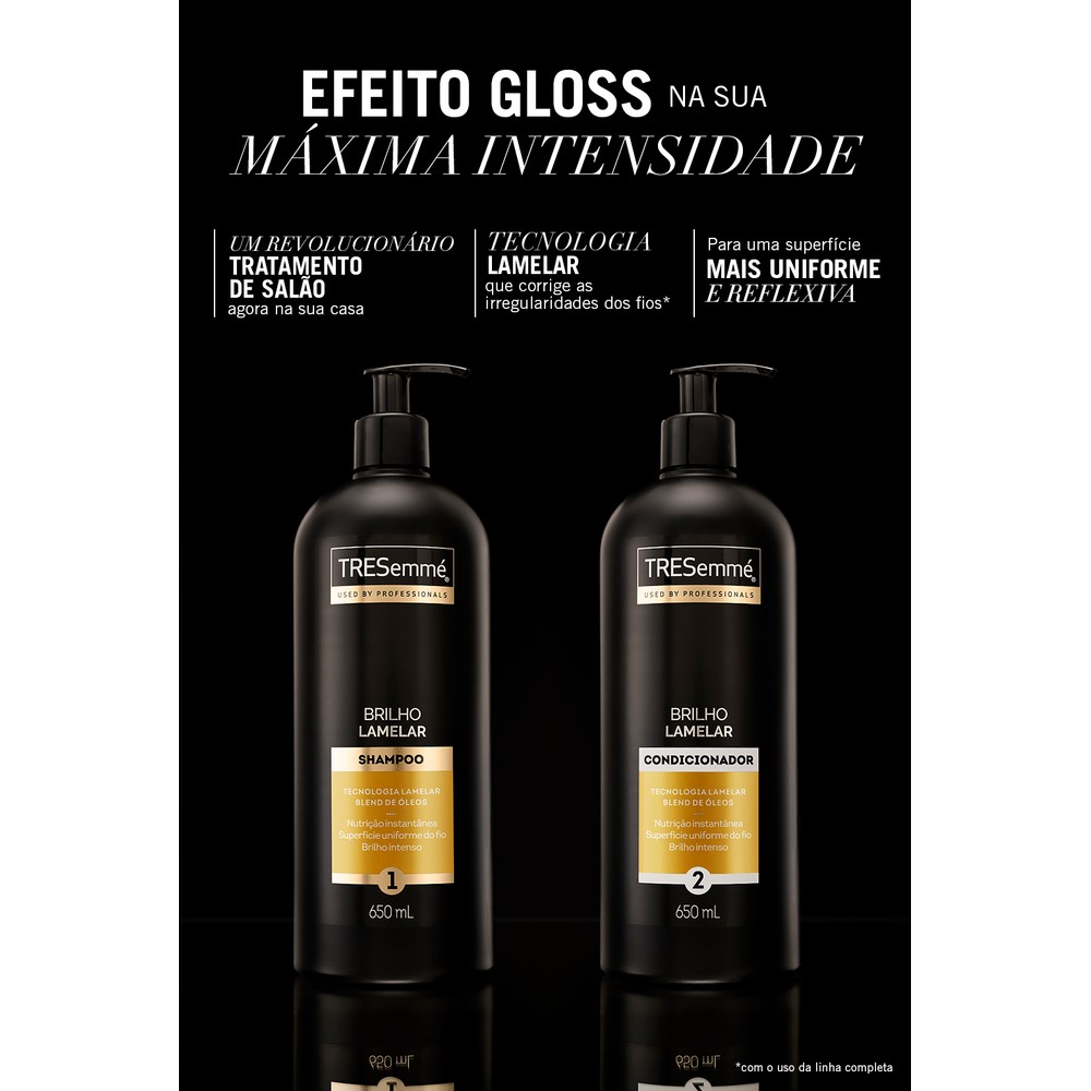 Embalagens TRESemmé Brilho Lamelar com destaque para efeito gloss
