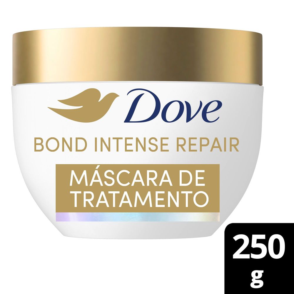 Pote branco Dove Bond Intense Repair 250 g com tampa dourada, destaque para embalagem e marca