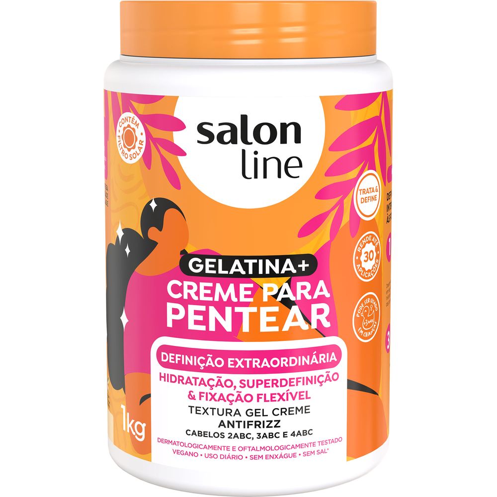 Frontal do produto com destaque para ativos e indicações para tipos de cabelo