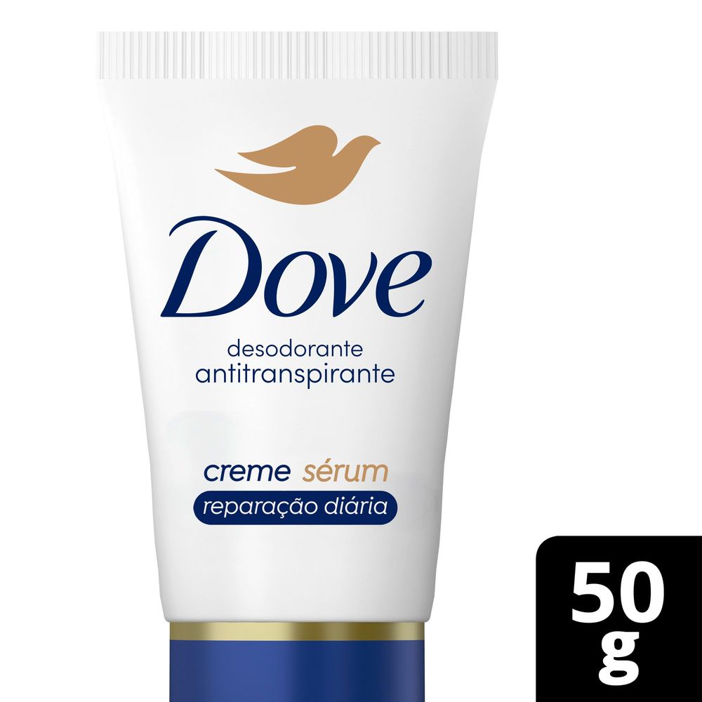 Desodorante Dove Creme Sérum Reparação Diária 50g - tubo branco com tampa azul e detalhes dourados