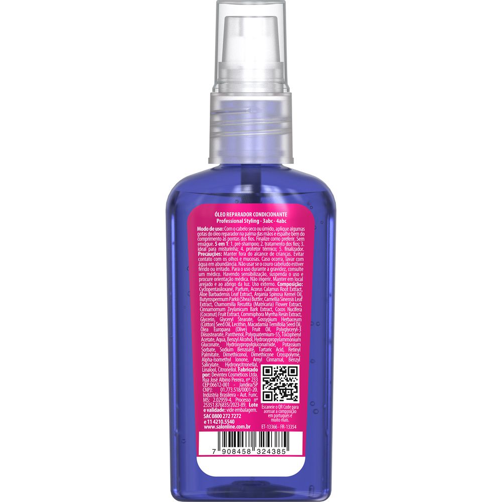 Verso do frasco com informações de composição e modo de uso do Óleo Todecacho Extra Forte 60ml