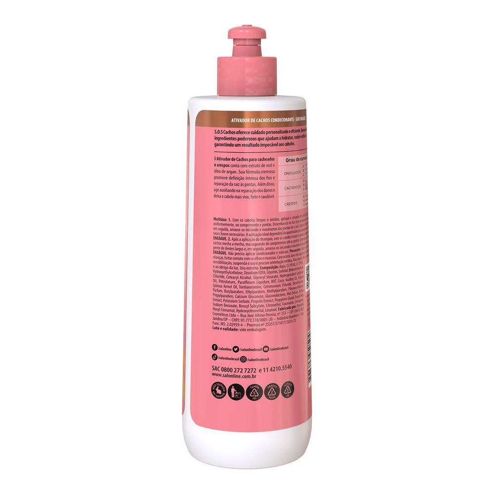 Verso do frasco com informações e instruções do Ativador de Cachos Salon Line 500ml