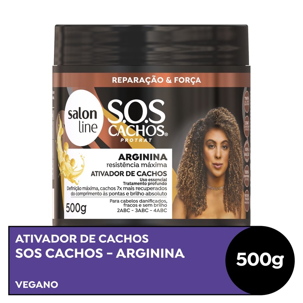 Ativador de Cachos Salon Line Reconstrução 500g - vista frontal do pote preto com rótulo e destaque de benefícios