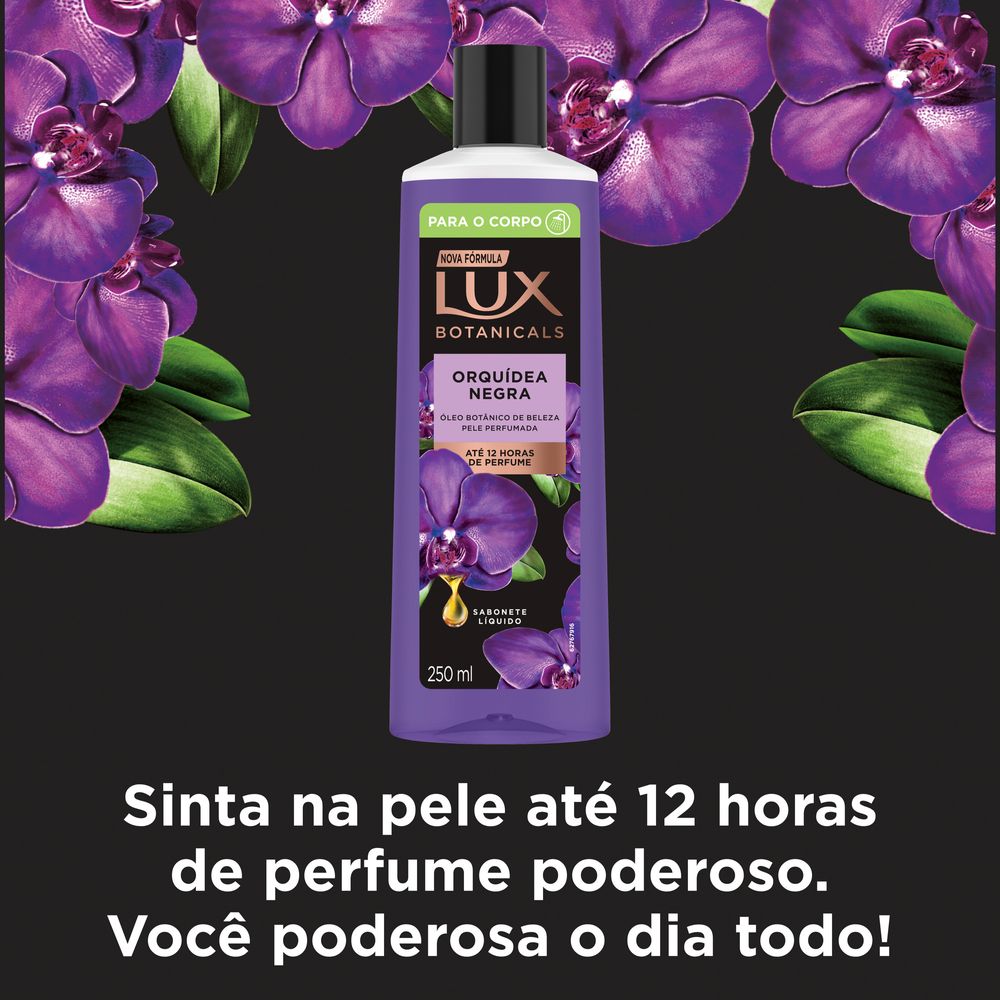 Sabonete Lux Orquídea Negra com flores roxas e destaque de perfume duradouro