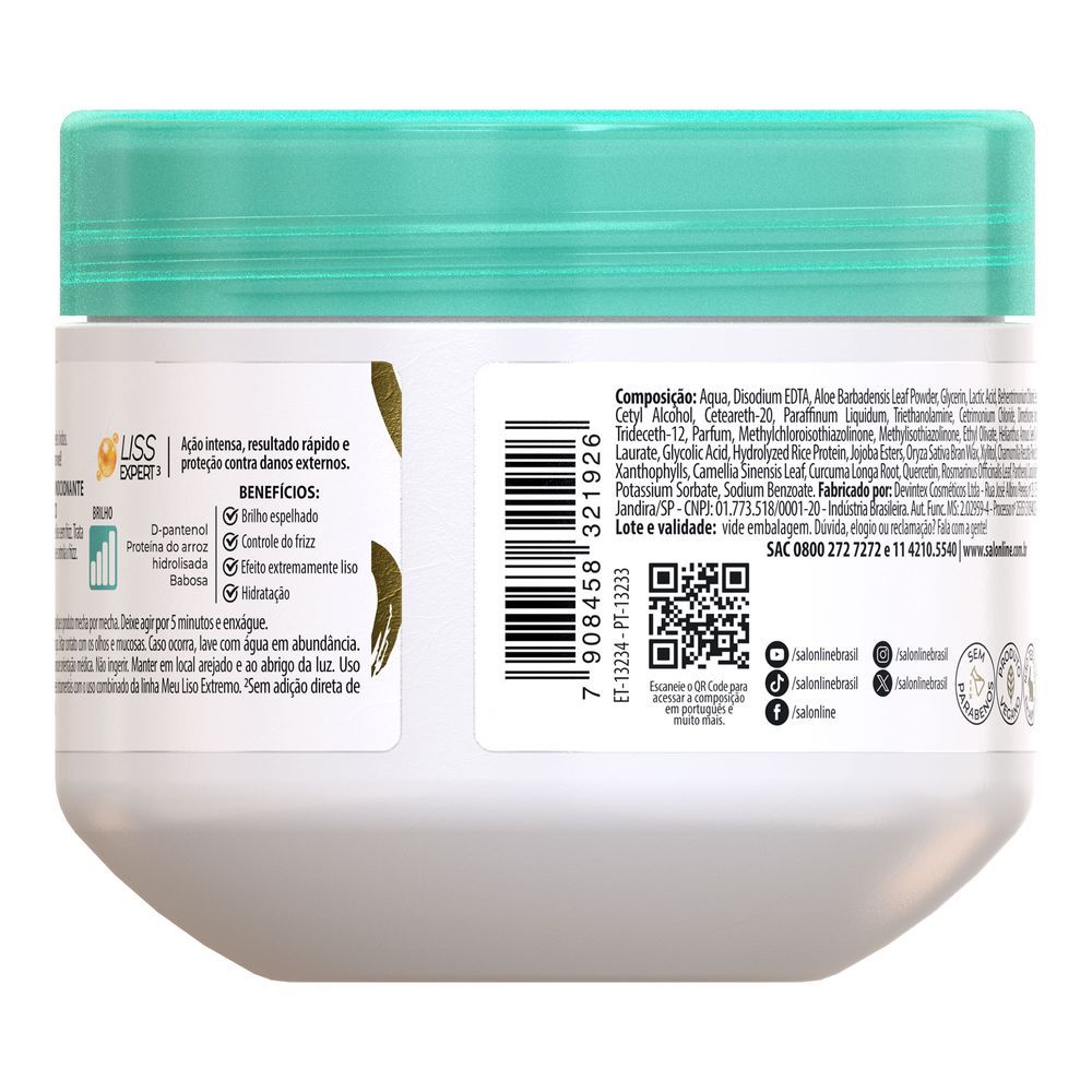 Rótulo com composição e instruções da Máscara Meu Liso Extremo Salon Line