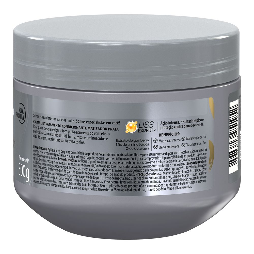 Máscara Capilar Matizadora Salon Line Meu Liso Prata 300g - embalagem traseira com ingredientes e modo de uso
