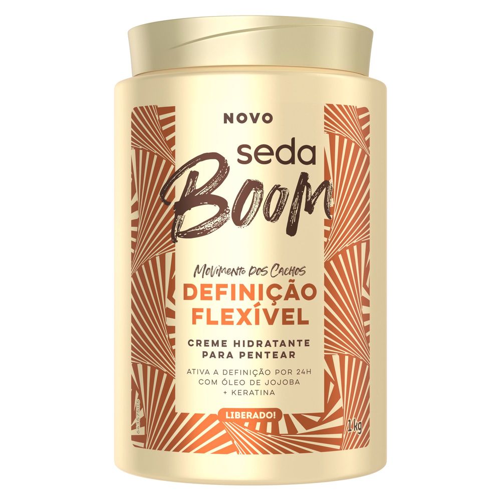 Rótulo frontal Seda Boom Definição Flexível mostrando benefícios e selo 'Ativa a definição por 24h'
