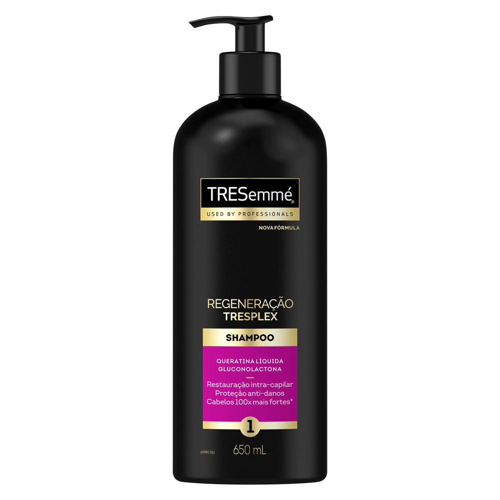 Detalhe do rótulo do Shampoo TRESemmé Regeneração Tresplex com informações de ativos