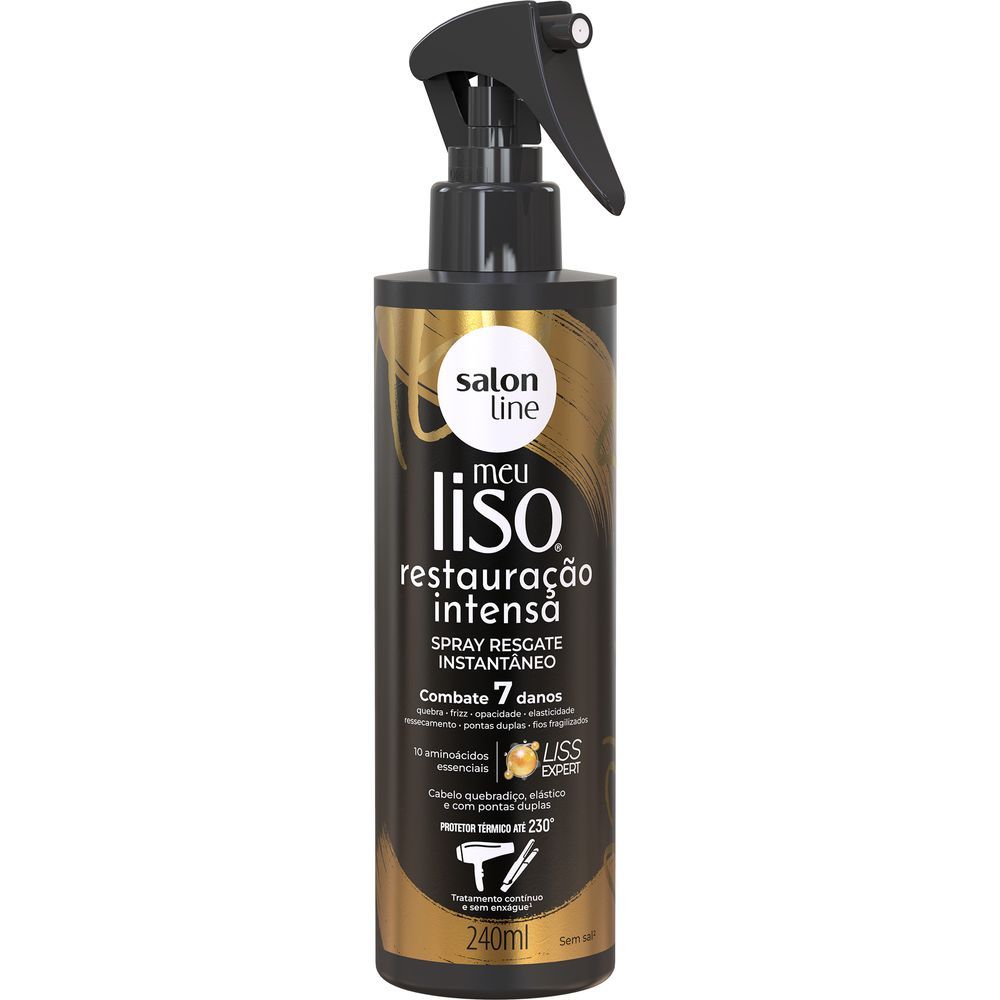 Frontal do Spray Restauração Intensa Meu Liso 240ml mostrando embalagem preta com detalhes dourados