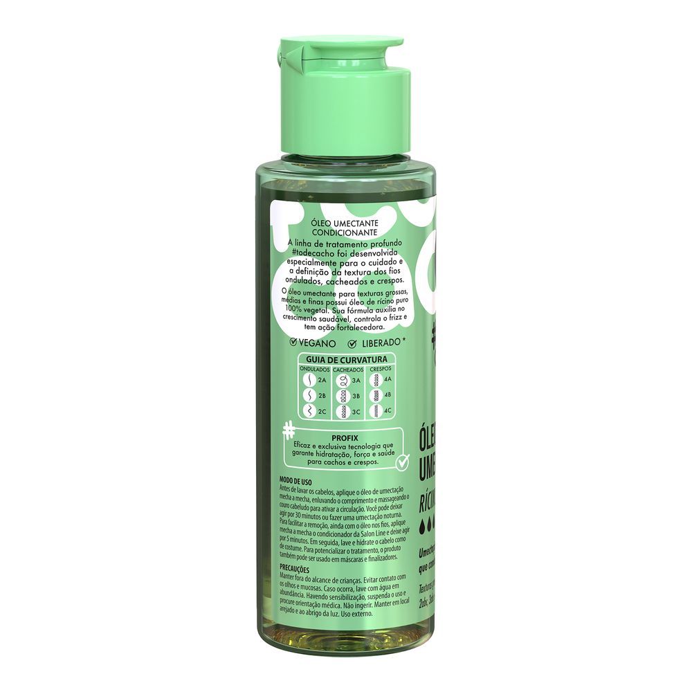 Parte traseira da embalagem com informações e composição do Óleo Umectado Salon Line Rícino Puro 100ml