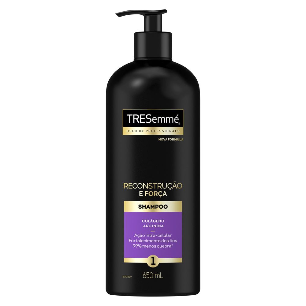 Frasco frontal do Shampoo TRESemmé Reconstrução e Força 650ml com rótulo e pump