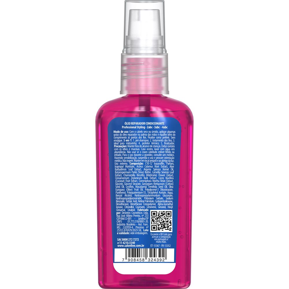 Verso do frasco com informações de composição e modo de uso do Óleo Reparador Forte Salon Line 60ml
