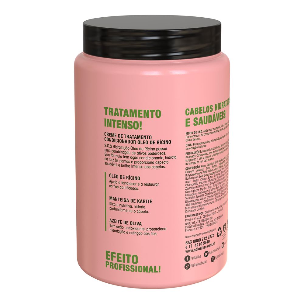 Vista lateral da Máscara SOS Hidratação Óleo de Rícino Salon Line 1kg mostrando composição e benefícios